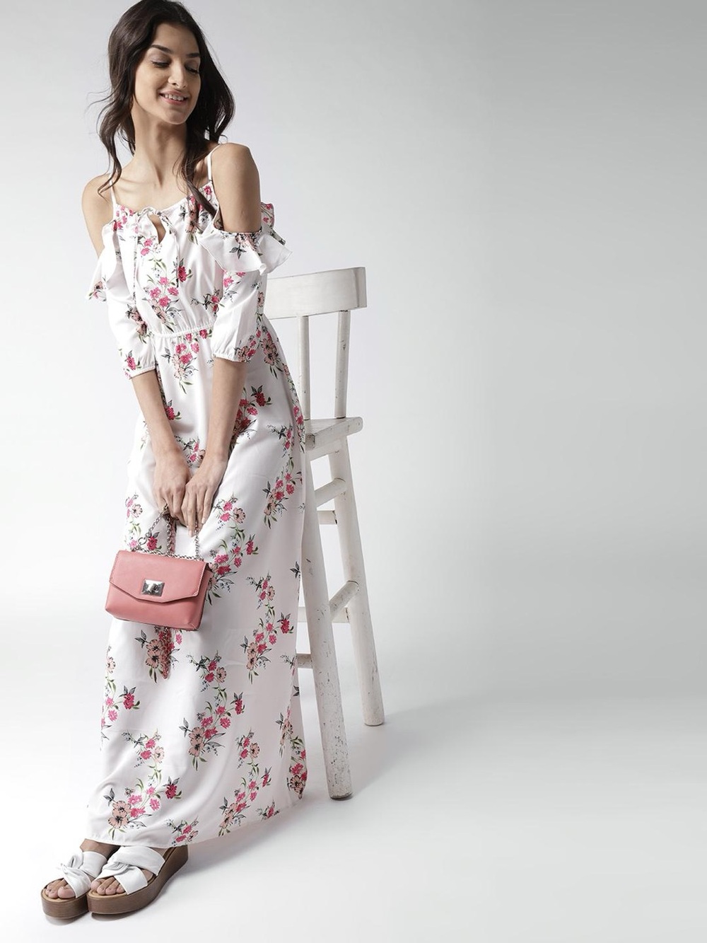 Mast & Harbour 17” PTP Floral Cold-Shoulder Maxi Dress, White/Pink, Size Medium. - Picture 2 of 15
